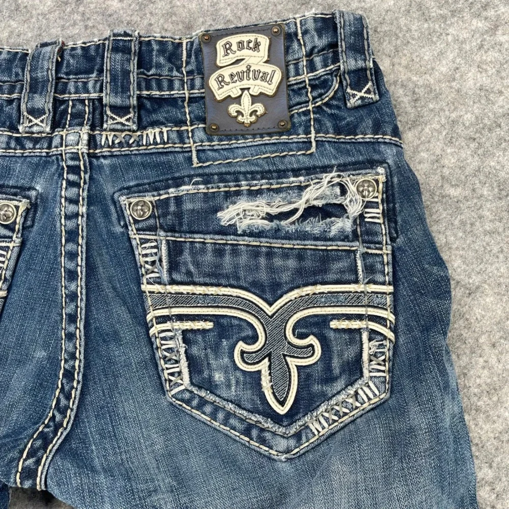 Rock Revival Helicon Jean Men 32x28 Blue Distressed Embroidered Straight Grunge
